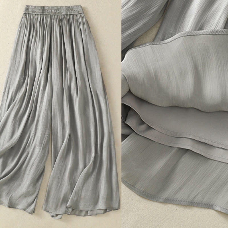 Light Gray Pleated Design Elastic Waist Women's Wide Leg Pants With Pockets