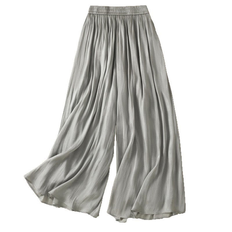 Light Gray Pleated Design Elastic Waist Women's Wide Leg Pants With Pockets