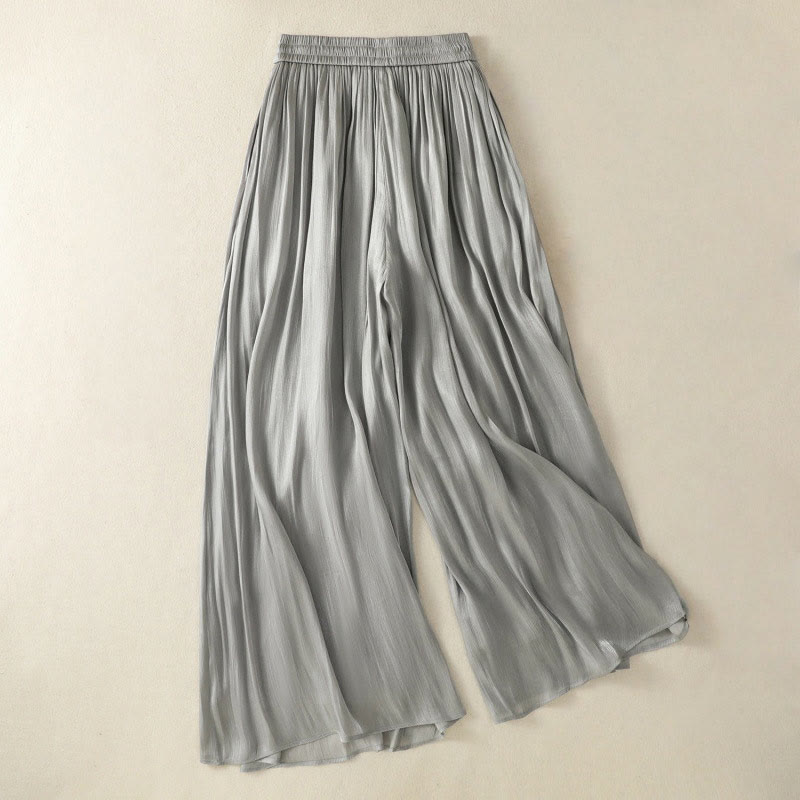 Light Gray Pleated Design Elastic Waist Women's Wide Leg Pants With Pockets