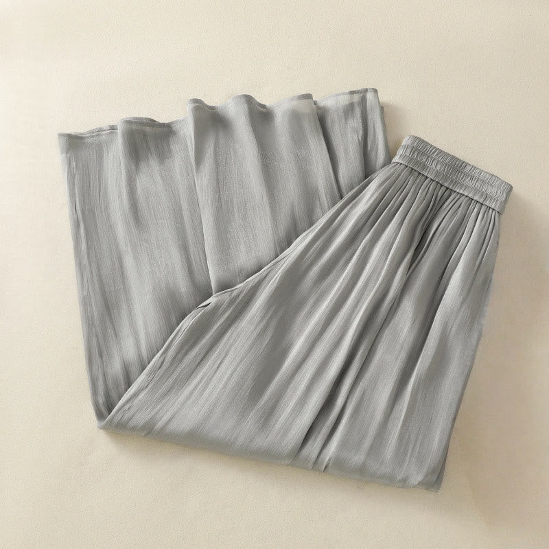 Light Gray Pleated Design Elastic Waist Women's Wide Leg Pants With Pockets