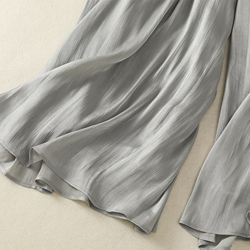 Light Gray Pleated Design Elastic Waist Women's Wide Leg Pants With Pockets