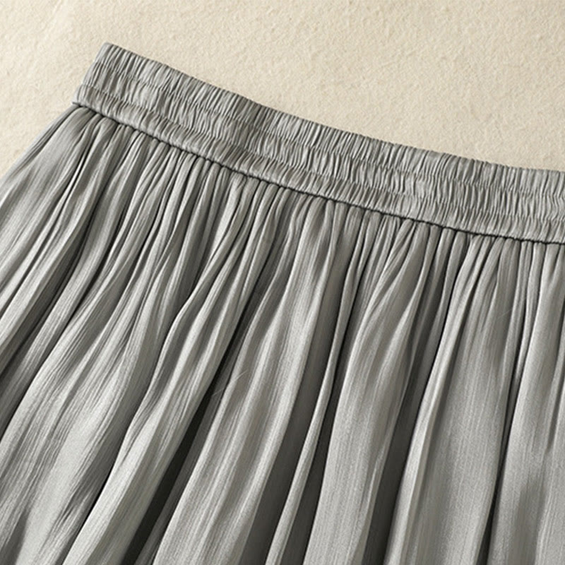 Light Gray Pleated Design Elastic Waist Women's Wide Leg Pants With Pockets