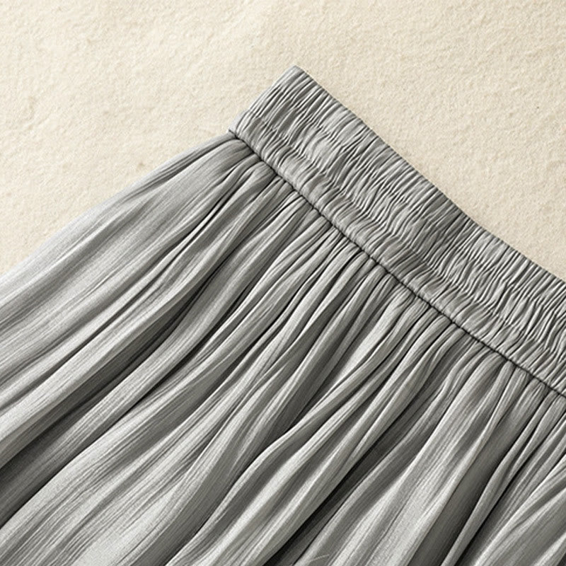 Light Gray Pleated Design Elastic Waist Women's Wide Leg Pants With Pockets