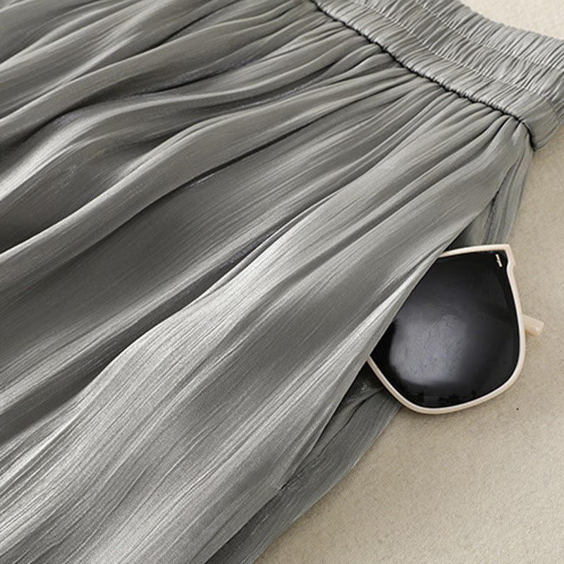Light Gray Pleated Design Elastic Waist Women's Wide Leg Pants With Pockets