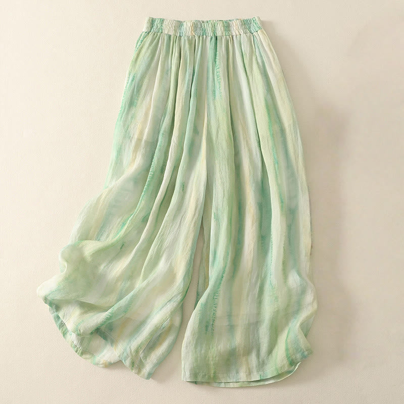 7-8 Length Elastic Waist Women's Wide Leg Cotton Linen Pants With Pockets