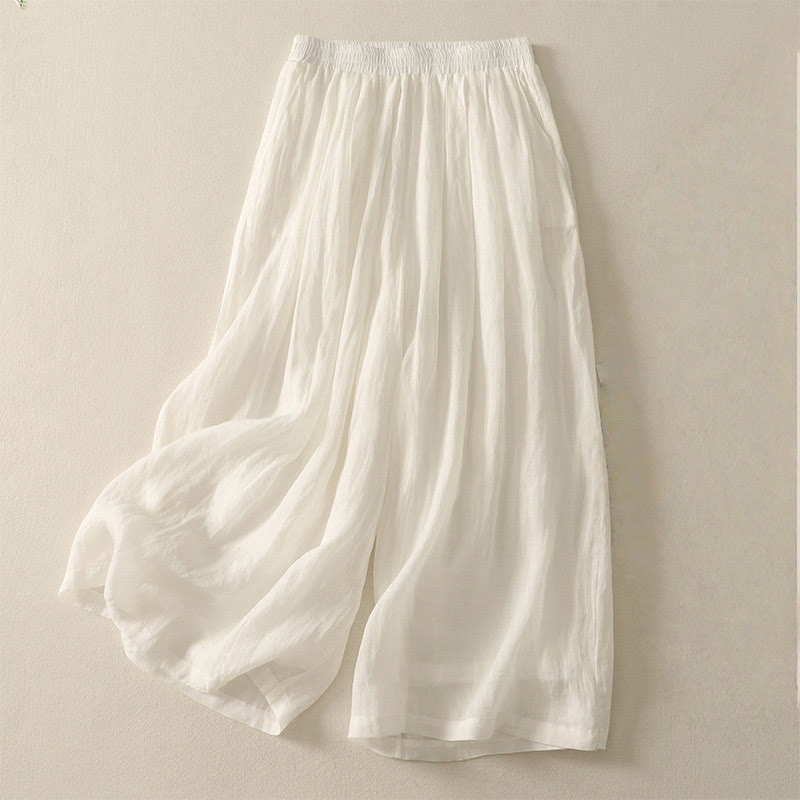 7-8 Length Elastic Waist Women's Wide Leg Cotton Linen Pants With Pockets