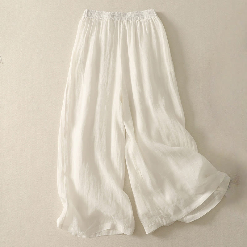 7-8 Length Elastic Waist Women's Wide Leg Cotton Linen Pants With Pockets