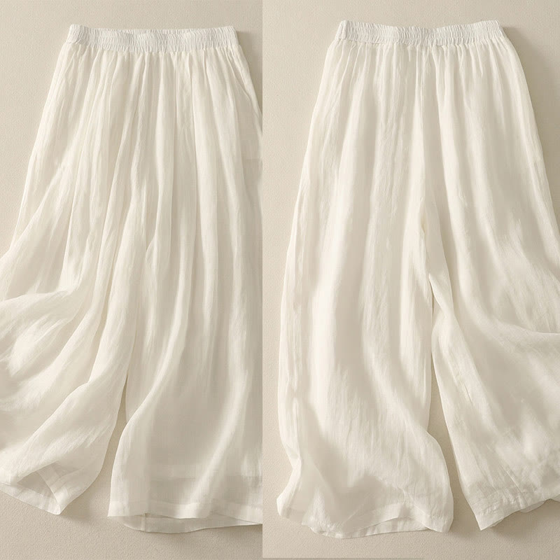 7-8 Length Elastic Waist Women's Wide Leg Cotton Linen Pants With Pockets