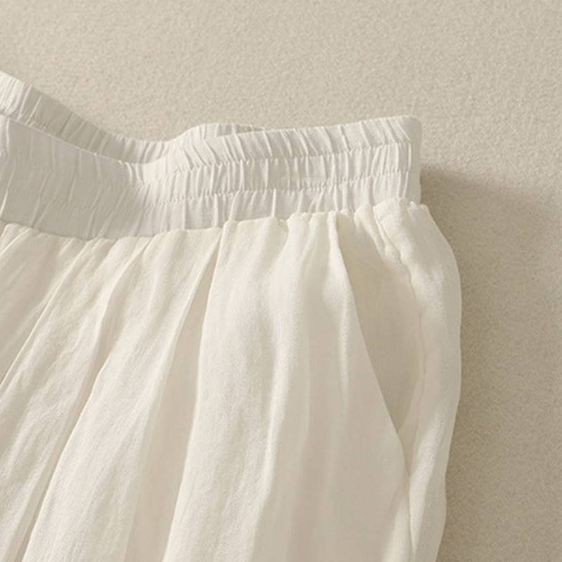 7-8 Length Elastic Waist Women's Wide Leg Cotton Linen Pants With Pockets