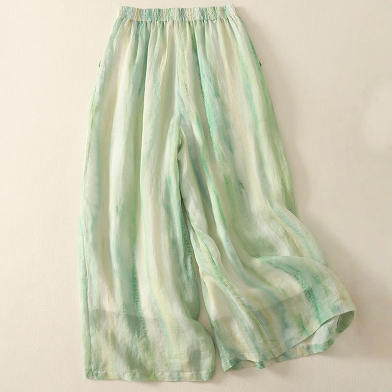 7-8 Length Elastic Waist Women's Wide Leg Cotton Linen Pants With Pockets