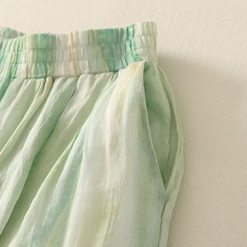 7-8 Length Elastic Waist Women's Wide Leg Cotton Linen Pants With Pockets