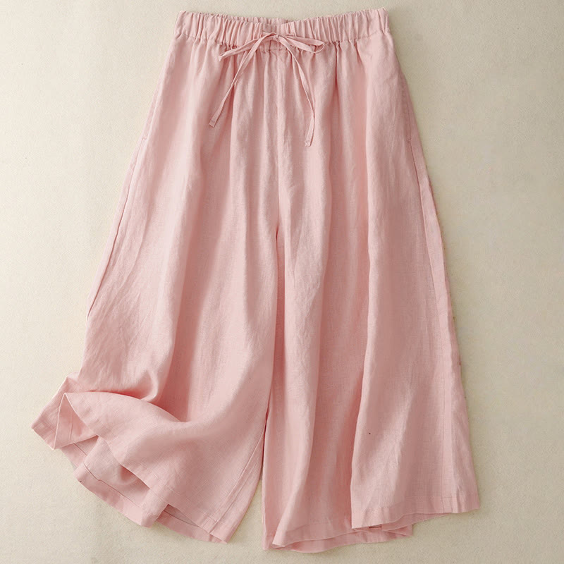 Summer Elastic Waist Women's Capri Cropped Wide Leg Pants With Pockets