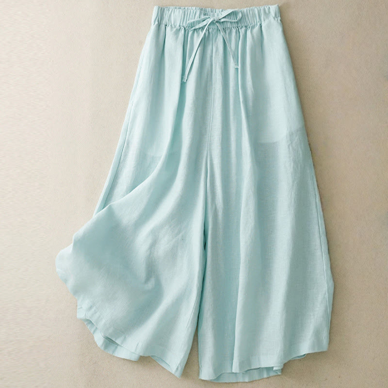 Summer Elastic Waist Women's Capri Cropped Wide Leg Pants With Pockets