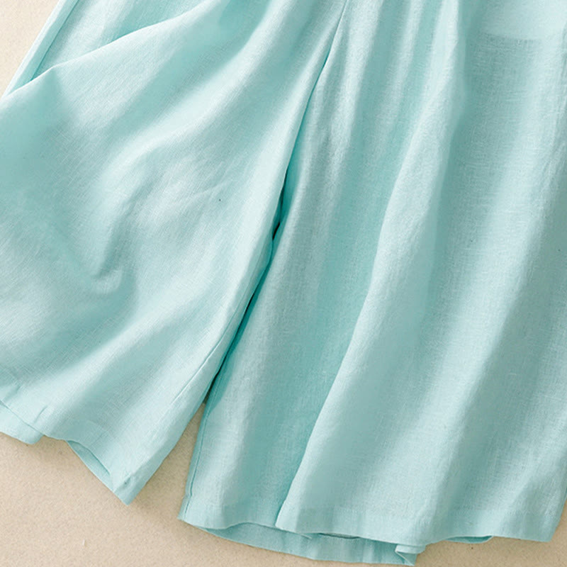 Summer Elastic Waist Women's Capri Cropped Wide Leg Pants With Pockets