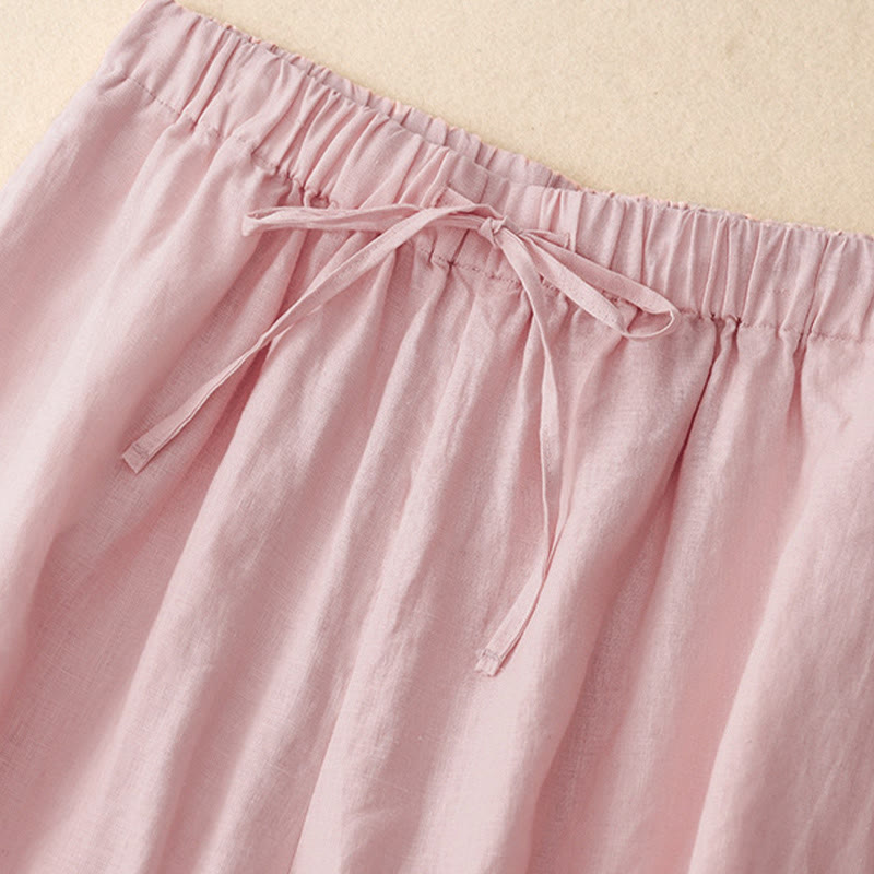 Summer Elastic Waist Women's Capri Cropped Wide Leg Pants With Pockets