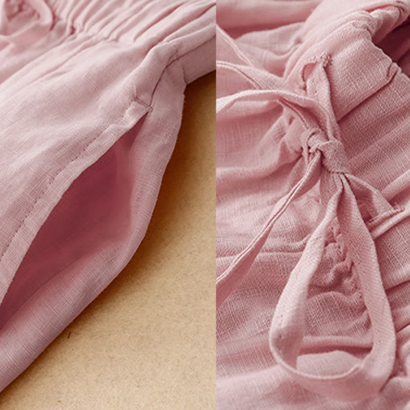 Summer Elastic Waist Women's Capri Cropped Wide Leg Pants With Pockets