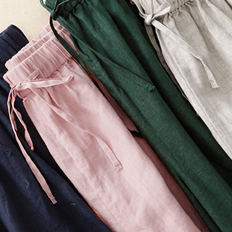 Summer Elastic Waist Women's Capri Cropped Wide Leg Pants With Pockets