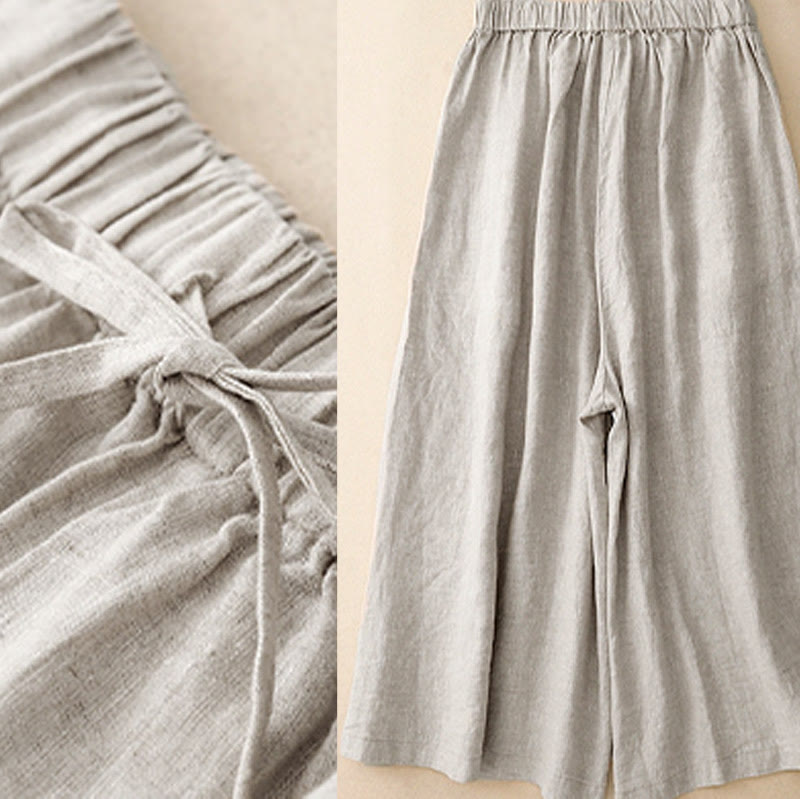 Summer Elastic Waist Women's Capri Cropped Wide Leg Pants With Pockets