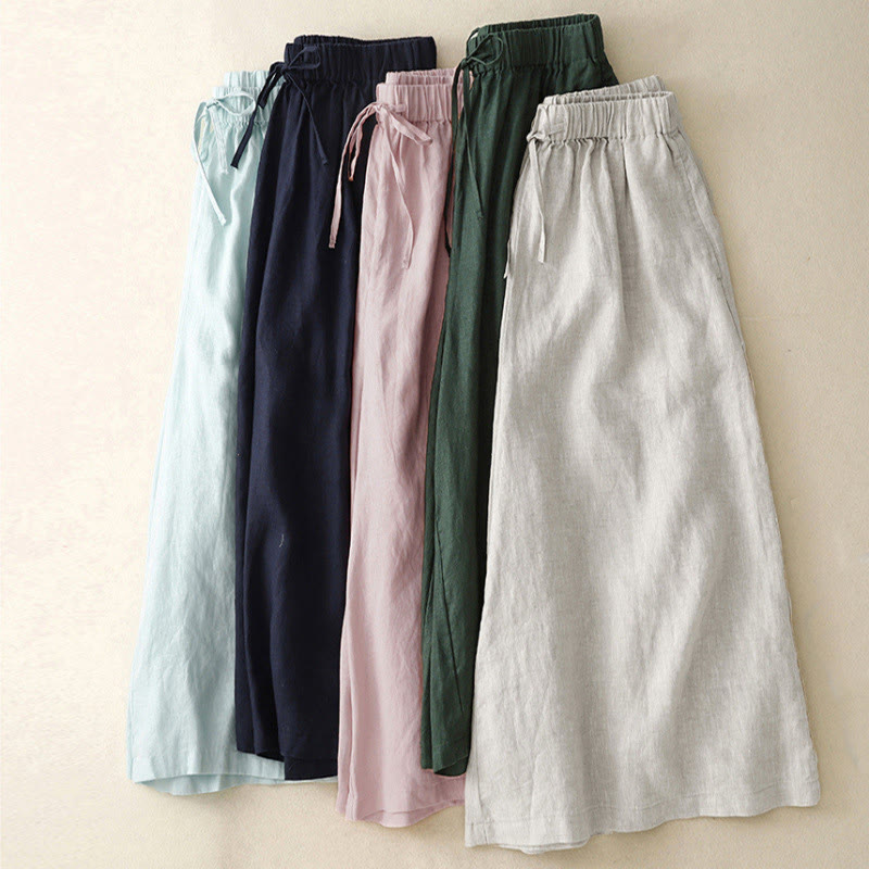 Summer Elastic Waist Women's Capri Cropped Wide Leg Pants With Pockets