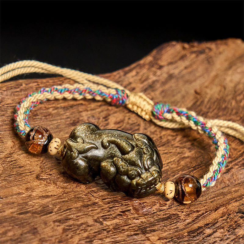 Adjustable Hand-Woven Rope Bracelet with Gold Sheen Obsidian and Pixiu Symbol