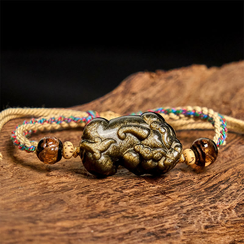 Adjustable Hand-Woven Rope Bracelet with Gold Sheen Obsidian and Pixiu Symbol