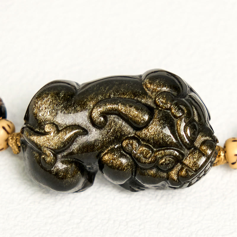 Adjustable Hand-Woven Rope Bracelet with Gold Sheen Obsidian and Pixiu Symbol