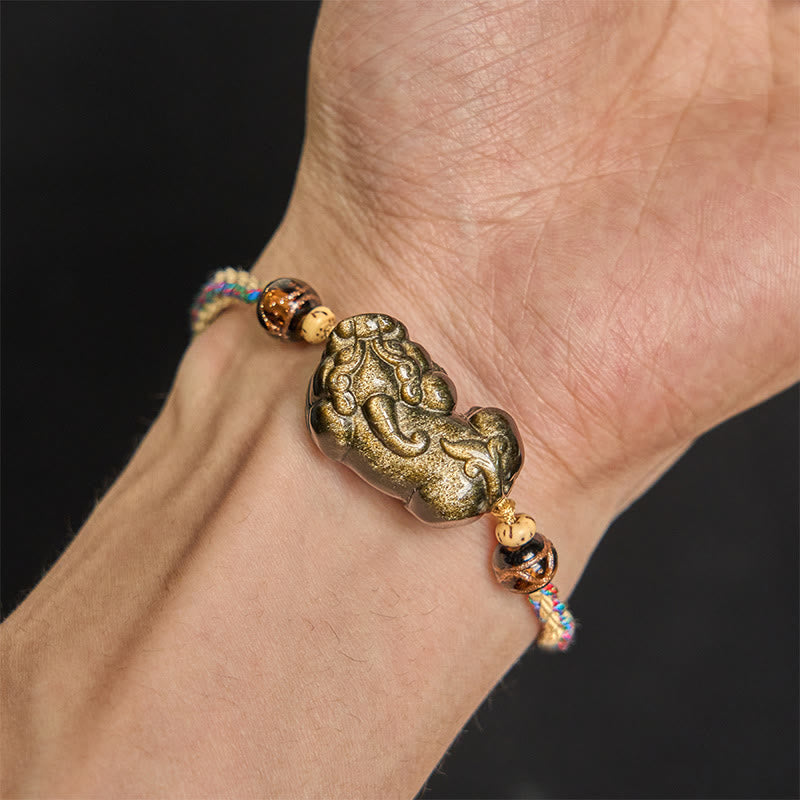 Adjustable Hand-Woven Rope Bracelet with Gold Sheen Obsidian and Pixiu Symbol