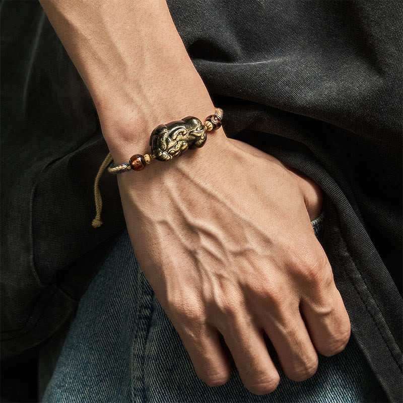 Adjustable Hand-Woven Rope Bracelet with Gold Sheen Obsidian and Pixiu Symbol