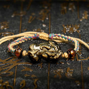 Adjustable Hand-Woven Rope Bracelet with Gold Sheen Obsidian and Pixiu Symbol