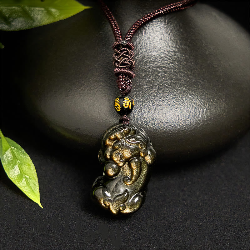 Gold Sheen Obsidian PiXiu Wealth Rope Necklace Pendant