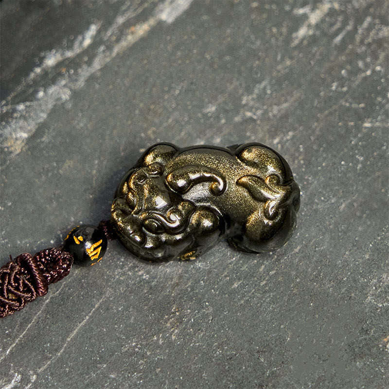 Gold Sheen Obsidian PiXiu Wealth Rope Necklace Pendant