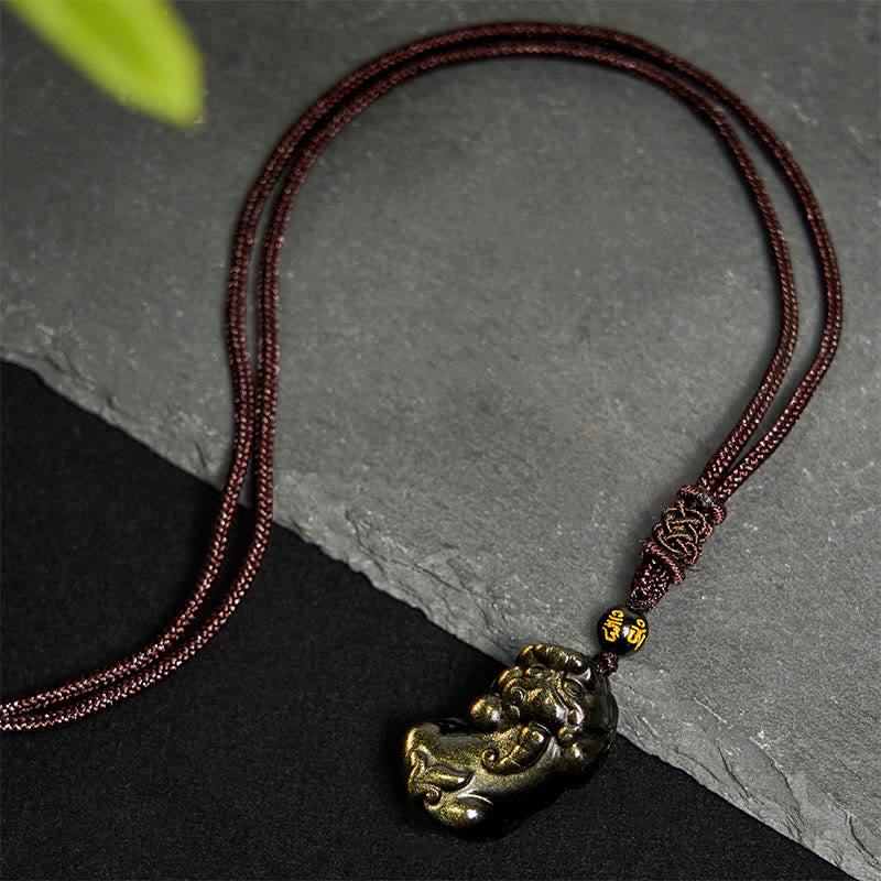 Gold Sheen Obsidian PiXiu Wealth Rope Necklace Pendant