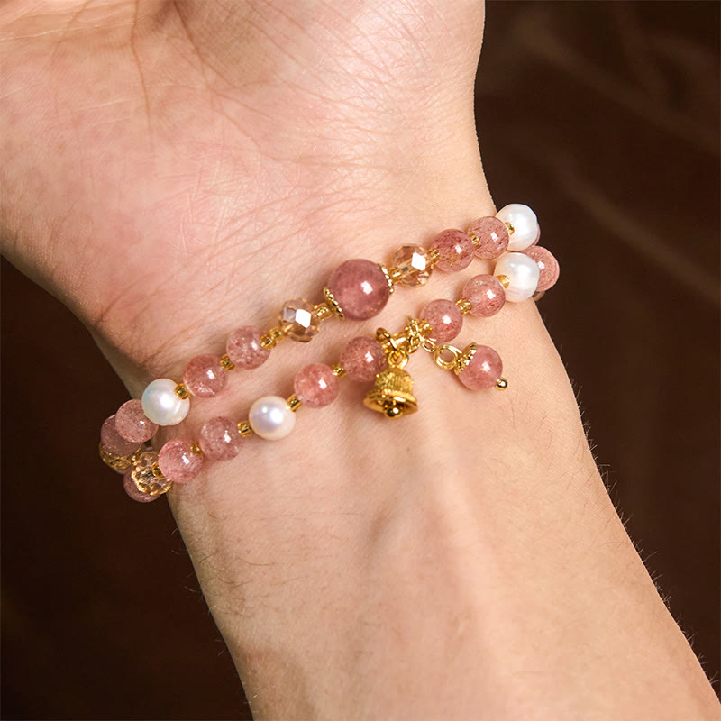 Natural Strawberry Quartz and Pearl Double Wrap Bracelet with Ritual Bell