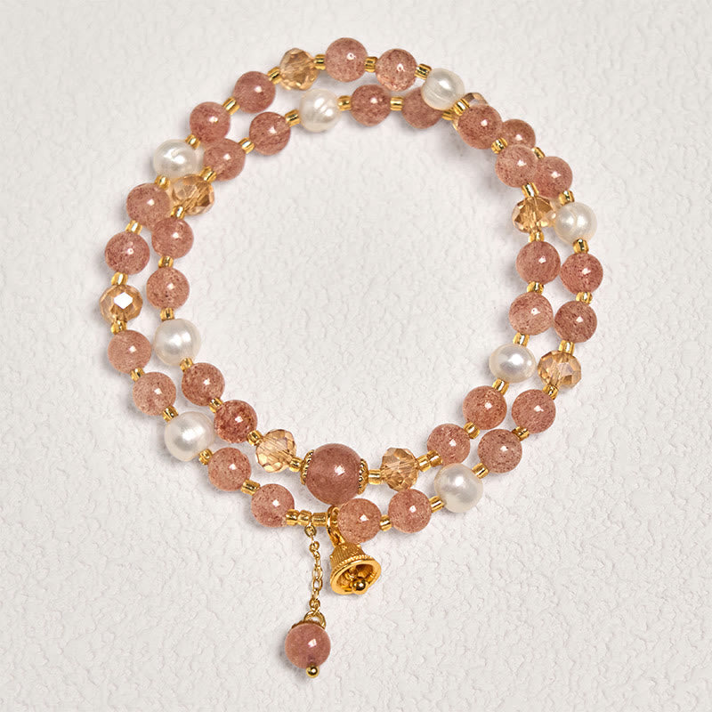 Natural Strawberry Quartz and Pearl Double Wrap Bracelet with Ritual Bell