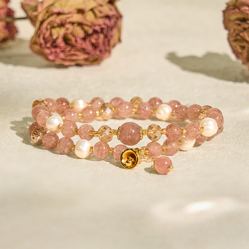 Natural Strawberry Quartz and Pearl Double Wrap Bracelet with Ritual Bell