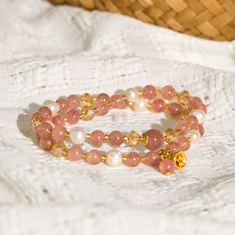Natural Strawberry Quartz and Pearl Double Wrap Bracelet with Ritual Bell
