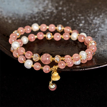 Natural Strawberry Quartz and Pearl Double Wrap Bracelet with Ritual Bell