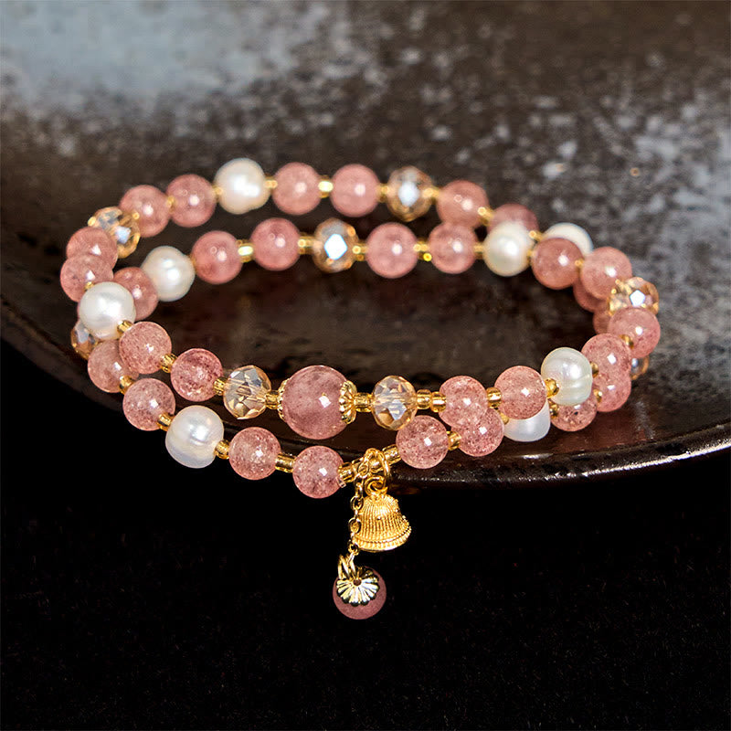 Natural Strawberry Quartz and Pearl Double Wrap Bracelet with Ritual Bell