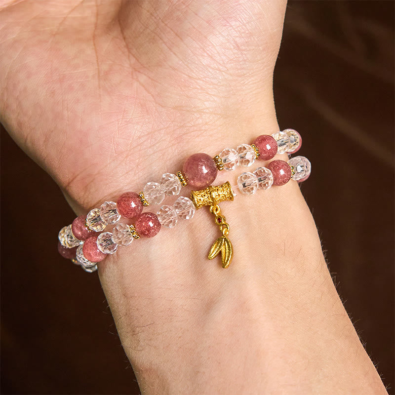 Natural Strawberry Quartz and Clear Quartz Bamboo Double Wrap Crystal Bracelet