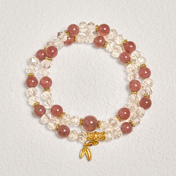 Natural Strawberry Quartz and Clear Quartz Bamboo Double Wrap Crystal Bracelet