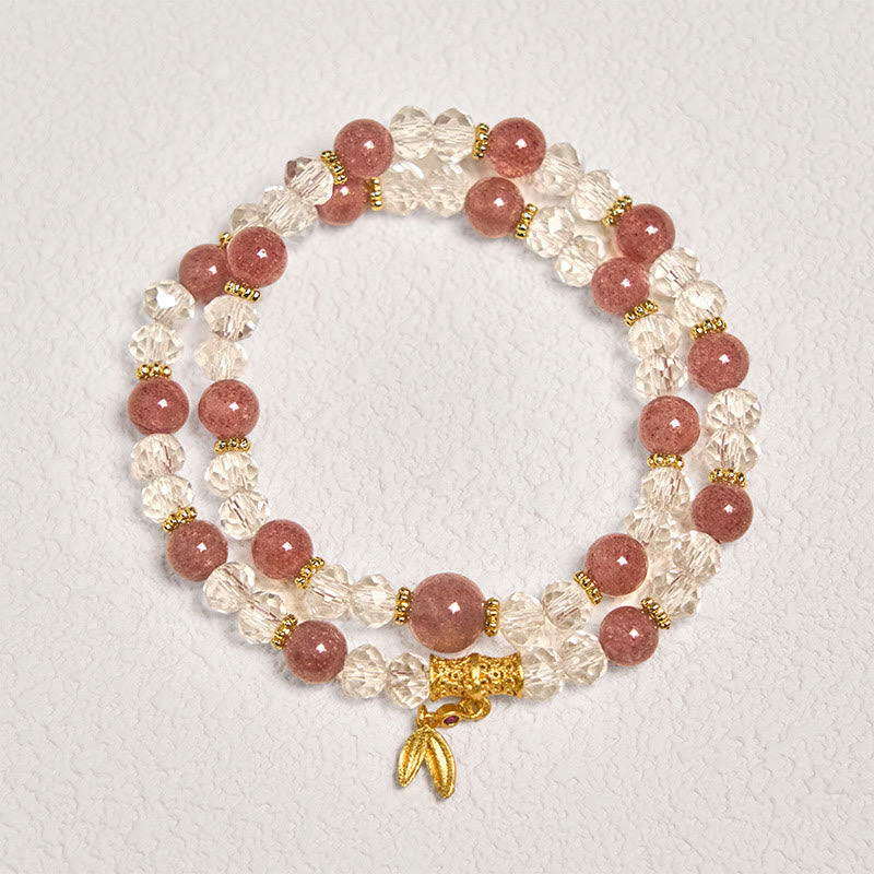 Natural Strawberry Quartz and Clear Quartz Bamboo Double Wrap Crystal Bracelet
