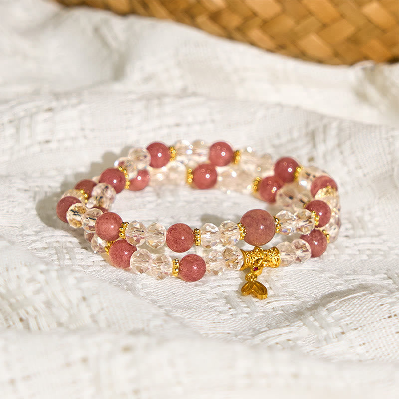 Natural Strawberry Quartz and Clear Quartz Bamboo Double Wrap Crystal Bracelet