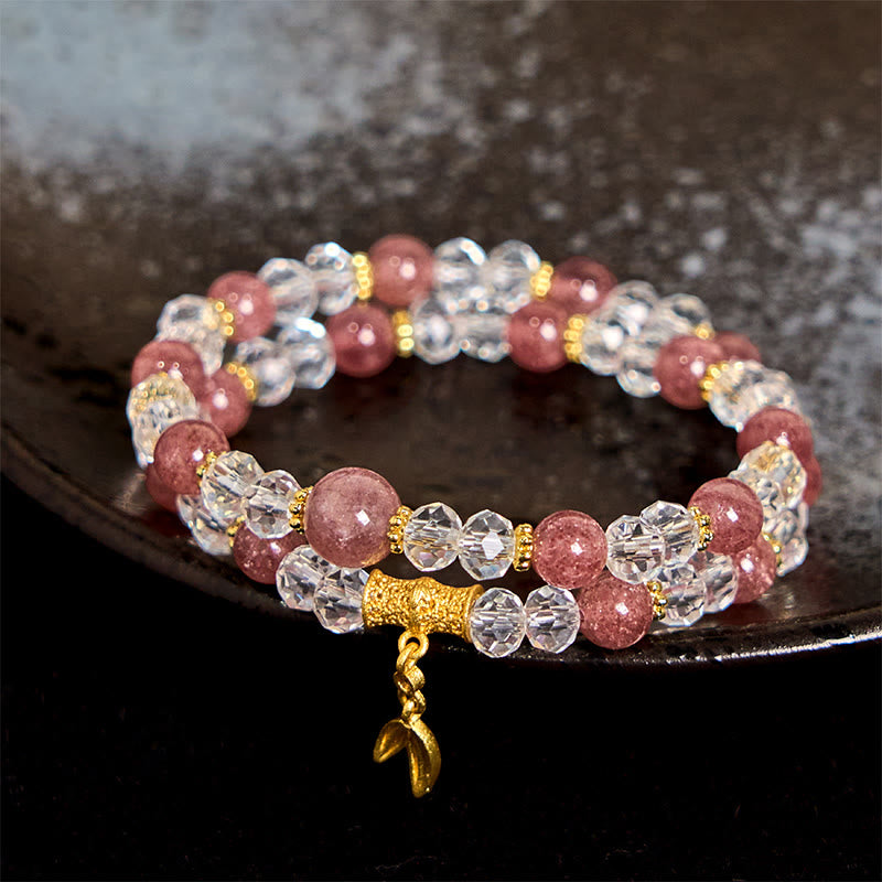 Natural Strawberry Quartz and Clear Quartz Bamboo Double Wrap Crystal Bracelet