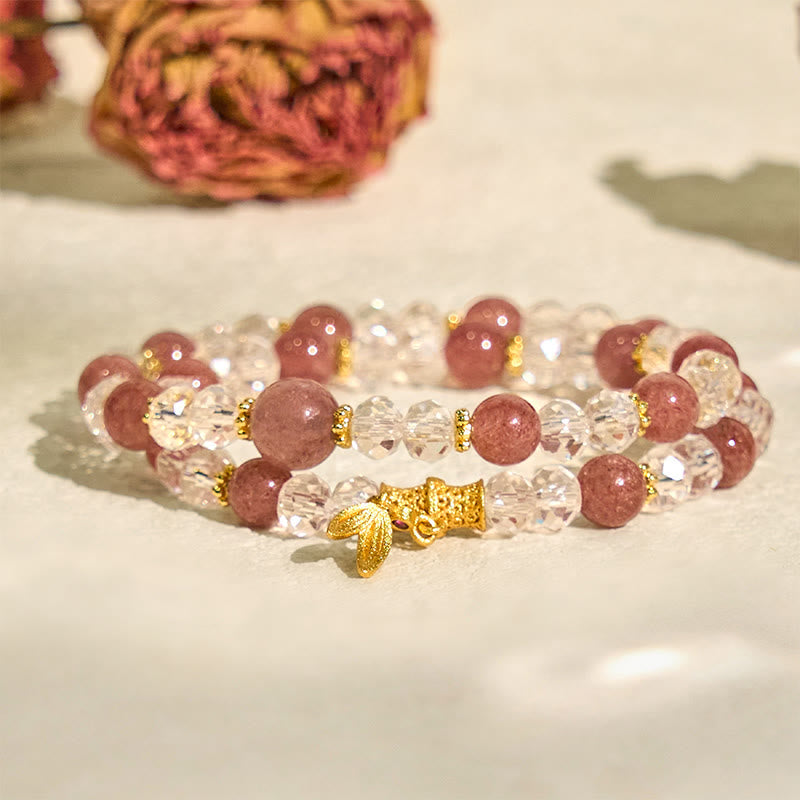 Natural Strawberry Quartz and Clear Quartz Bamboo Double Wrap Crystal Bracelet