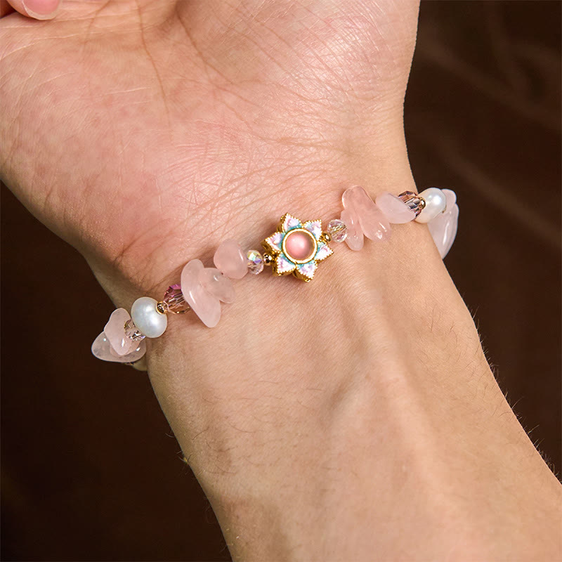 Natural Gravel Rose Quartz Flower Pearl Healing Bracelet