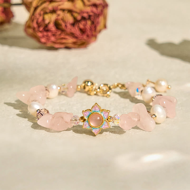 Natural Gravel Rose Quartz Flower Pearl Healing Bracelet