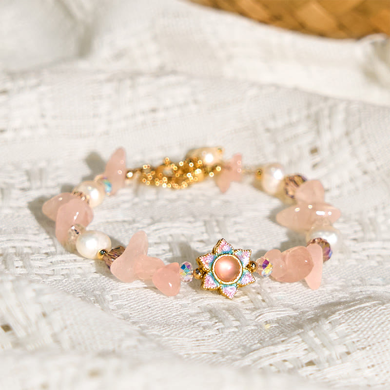 Natural Gravel Rose Quartz Flower Pearl Healing Bracelet
