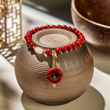 Natural Cinnabar and Clear Quartz Ping An Kou Charm Beaded Bracelet with Copper