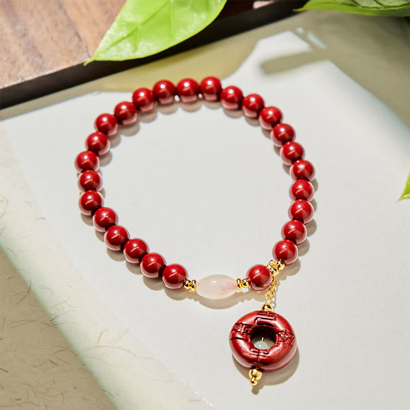 Natural Cinnabar and Clear Quartz Ping An Kou Charm Beaded Bracelet with Copper