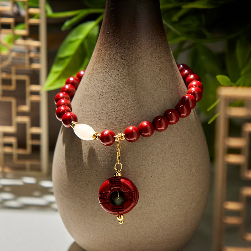 Natural Cinnabar and Clear Quartz Ping An Kou Charm Beaded Bracelet with Copper